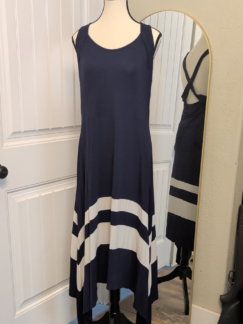 VENUS Navy and White Asymmetrical Striped Midi Dress